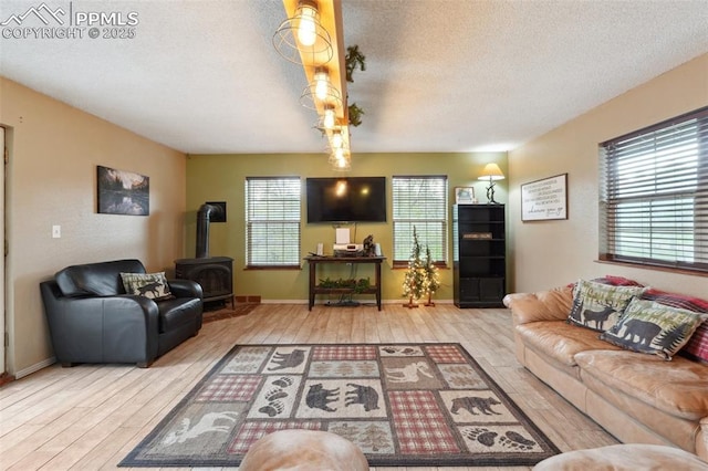 7475 Chirgiton Rd, Colorado Springs, CO 80908 - living room with a wood stove, wood finished floors, a textured ceiling, and baseboards
