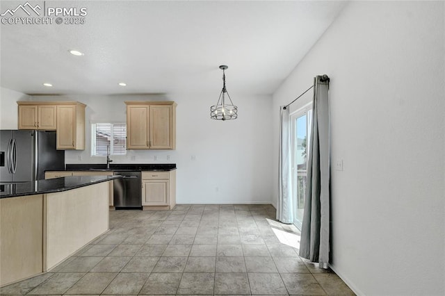 12213 Crystal Downs Rd, Peyton, CO 80831 - kitchen featuring light brown cabinetry, dishwashing machine, stainless steel fridge with ice dispenser, healthy amount of natural light, and recessed lighting