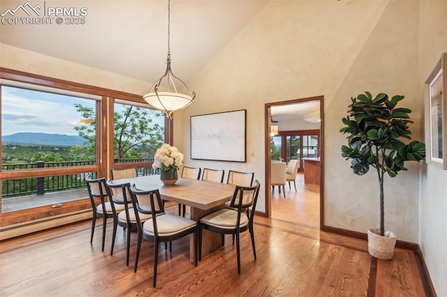170 Salisbury Ct, Colorado Springs, CO 80906 - dining space with wood finished floors, high vaulted ceiling, baseboards, a mountain view, and baseboard heating