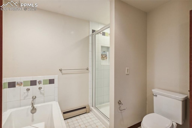 170 Salisbury Ct, Colorado Springs, CO 80906 - full bath featuring a baseboard heating unit, toilet, a garden tub, and a stall shower