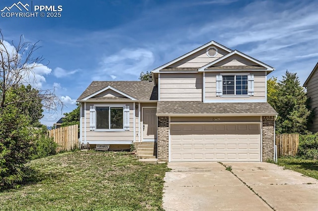 869 Marshall Dr, Fountain, CO 80817 - view of front of house featuring a garage, concrete driveway, a shingled roof, brick siding, and entry steps