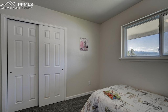1135 Server Dr, Colorado Springs, CO 80910 - bedroom with dark carpet, baseboards, and a closet