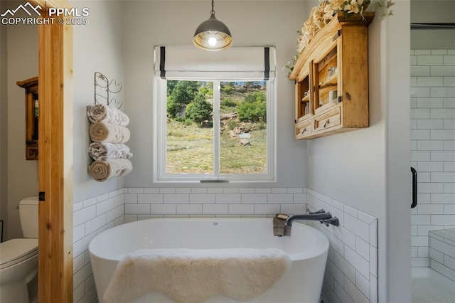 325 Spring Valley Dr, Florissant, CO 80816 - full bath featuring toilet, a freestanding tub, and tile walls