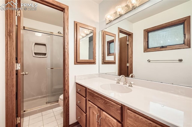 3660 E Wade Ln, Colorado Springs, CO 80917 - bathroom featuring toilet, a shower stall, vanity, and tile patterned flooring