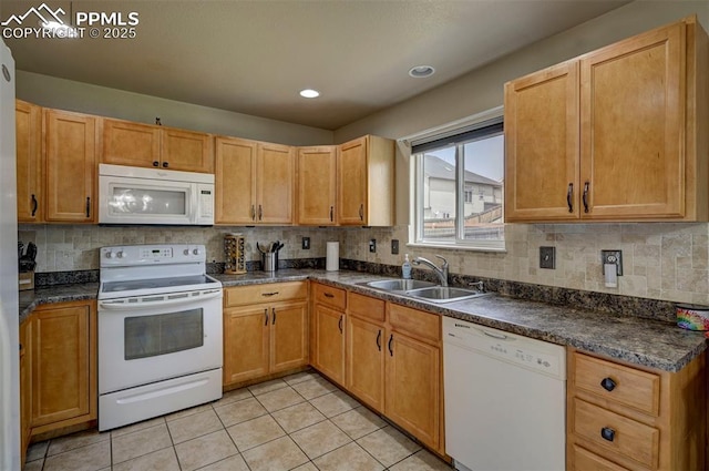4959 Gami Way, Colorado Springs, CO 80911 - kitchen with white appliances, a sink, dark countertops, decorative backsplash, and light tile patterned floors