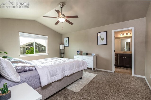 6078 Jorie Rd, Colorado Springs, CO 80927 - bedroom with lofted ceiling, carpet flooring, a sink, connected bathroom, and baseboards