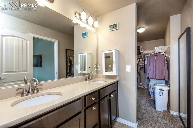 6078 Jorie Rd, Colorado Springs, CO 80927 - full bathroom with double vanity, a walk in closet, and baseboards