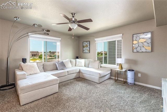 6078 Jorie Rd, Colorado Springs, CO 80927 - carpeted living area featuring ceiling fan, baseboards, and a textured ceiling