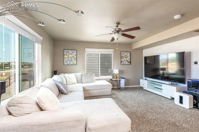 6078 Jorie Rd, Colorado Springs, CO 80927 - living area featuring a ceiling fan, carpet, and baseboards