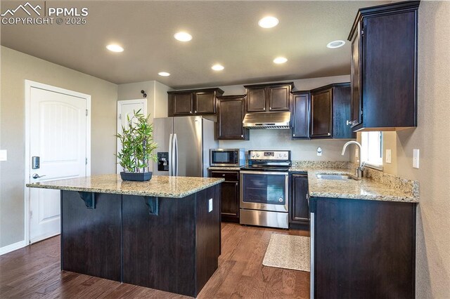 6078 Jorie Rd, Colorado Springs, CO 80927 - kitchen featuring stainless steel appliances, a sink, under cabinet range hood, dark wood-style flooring, and dark brown cabinetry