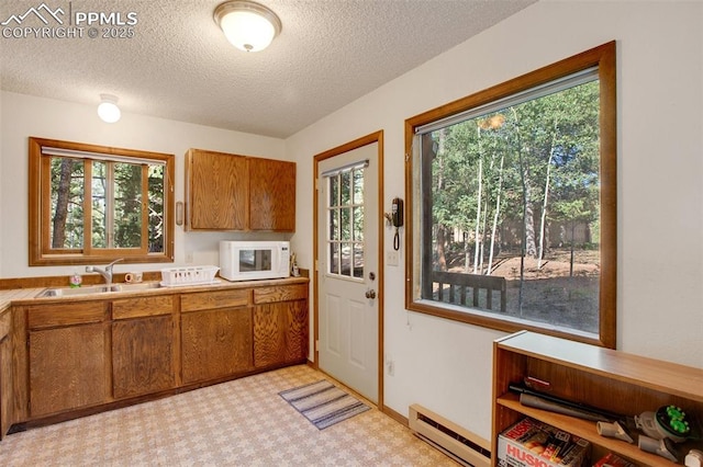 886 Cottonwood Lake Dr, Divide, CO 80814 - kitchen with a baseboard radiator, a sink, white microwave, brown cabinetry, and a textured ceiling