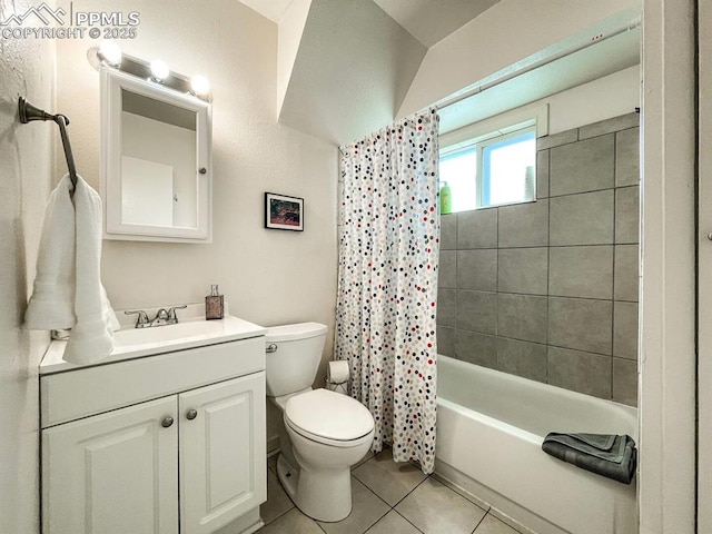 418 N Baldwin St, Woodland Park, CO 80863 - full bathroom with toilet, shower / bath combo with shower curtain, tile patterned floors, and vanity