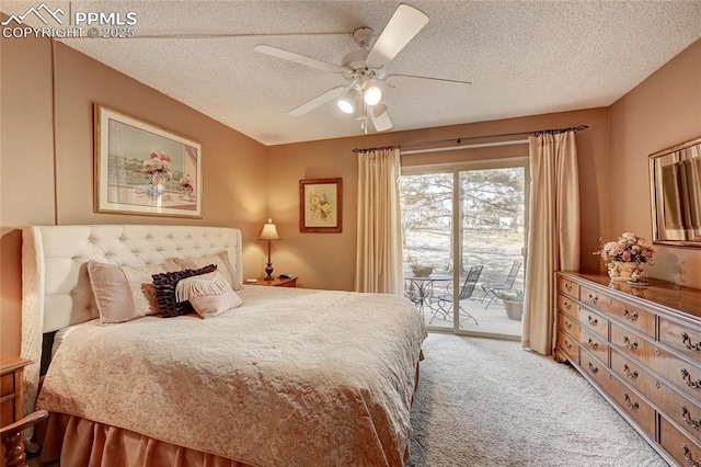 4120 Autumn Heights Dr Unit B, Colorado Springs, CO 80906 - bedroom with access to outside, light colored carpet, a textured ceiling, and a ceiling fan