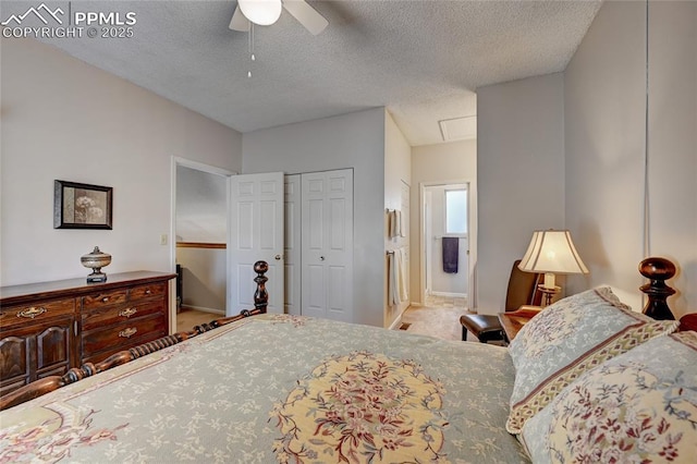 4120 Autumn Heights Dr Unit B, Colorado Springs, CO 80906 - carpeted bedroom with a textured ceiling, ensuite bathroom, ceiling fan, and a closet