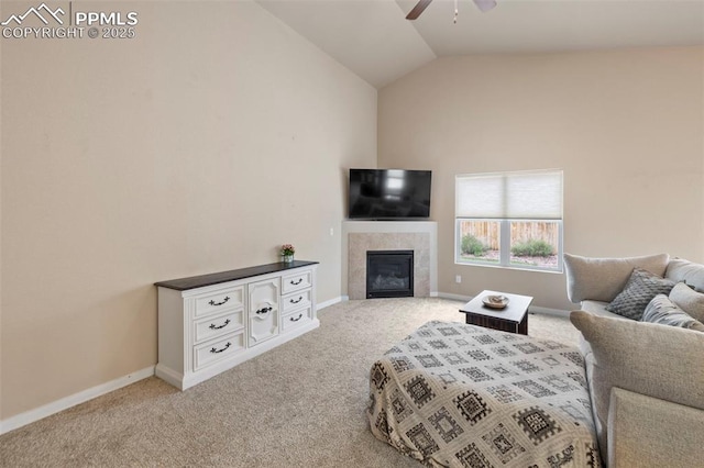 6374 Tramore Way, Colorado Springs, CO 80923 - living area with a ceiling fan, carpet, a fireplace, and high vaulted ceiling