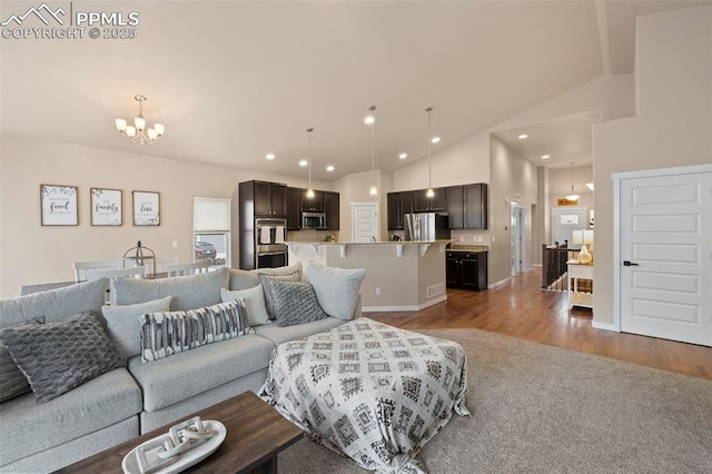 6374 Tramore Way, Colorado Springs, CO 80923 - living area with a chandelier, light wood-style floors, recessed lighting, and high vaulted ceiling