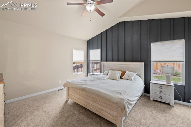 6374 Tramore Way, Colorado Springs, CO 80923 - bedroom with lofted ceiling, light colored carpet, and ceiling fan