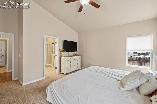 6374 Tramore Way, Colorado Springs, CO 80923 - bedroom featuring carpet floors, high vaulted ceiling, ensuite bath, and a ceiling fan