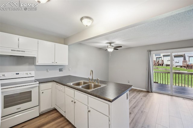 2013 Erin Loop, Colorado Springs, CO 80918 - kitchen with white appliances, under cabinet range hood, a sink, a peninsula, and light wood finished floors