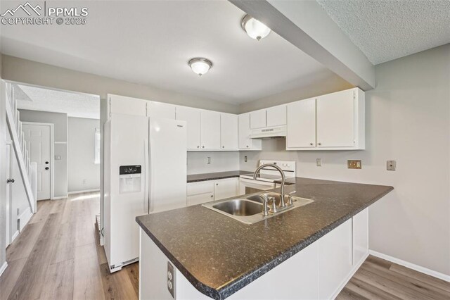 2013 Erin Loop, Colorado Springs, CO 80918 - kitchen featuring white refrigerator with ice dispenser, a sink, under cabinet range hood, a peninsula, and wood finished floors