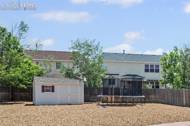 8370 Lupan Dr, Colorado Springs, CO 80951 - back of house featuring a trampoline, a storage shed, and a fenced backyard