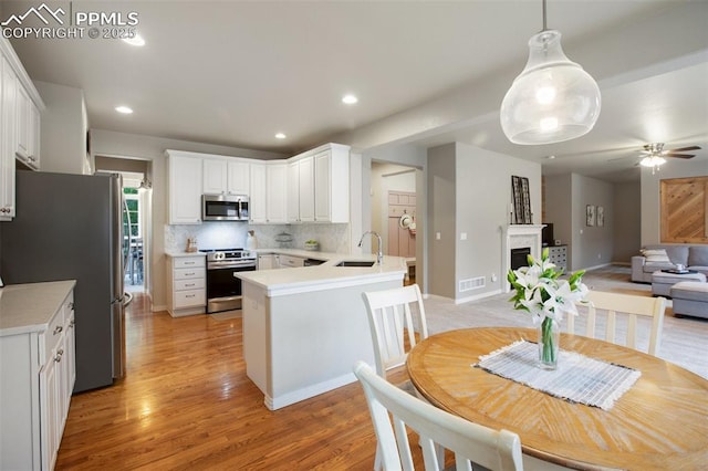 6874 Quiet Pond Pl, Colorado Springs, CO 80923 - kitchen featuring stainless steel appliances, a peninsula, open floor plan, a sink, and light wood-style floors
