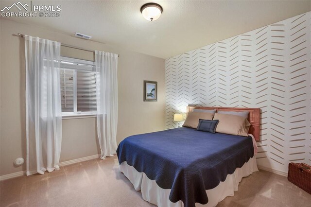 6874 Quiet Pond Pl, Colorado Springs, CO 80923 - carpeted bedroom with baseboards, an accent wall, and wallpapered walls