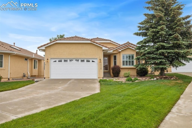 14115 Nichlas Ct, Colorado Springs, CO 80921 - ranch-style house with a tile roof, stucco siding, a garage, driveway, and a front yard