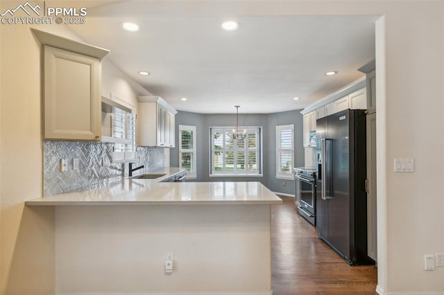 14115 Nichlas Ct, Colorado Springs, CO 80921 - kitchen featuring stainless steel appliances, light countertops, a peninsula, dark wood-style floors, and decorative backsplash