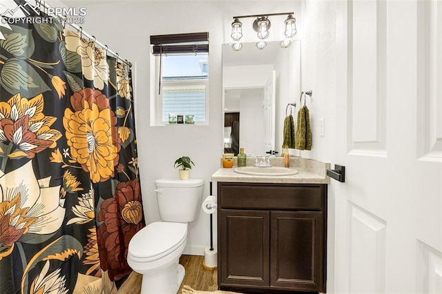 5784 Tramore Ct, Colorado Springs, CO 80938 - bathroom featuring vanity, toilet, wood finished floors, and curtained shower