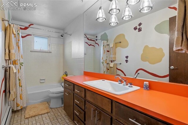 2206 Patrician Way, Colorado Springs, CO 80909 - bathroom with baseboard heating, vanity, shower / bath combination with curtain, and toilet