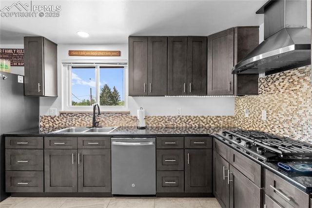 2206 Patrician Way, Colorado Springs, CO 80909 - kitchen with stainless steel appliances, wall chimney range hood, a sink, dark countertops, and backsplash