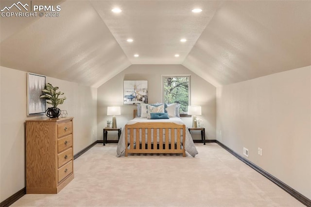 8395 Bar X Ter, Colorado Springs, CO 80908 - bedroom featuring lofted ceiling, baseboards, light colored carpet, and recessed lighting