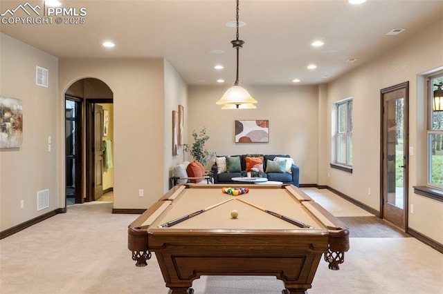 8395 Bar X Ter, Colorado Springs, CO 80908 - game room featuring recessed lighting, light colored carpet, arched walkways, baseboards, and pool table