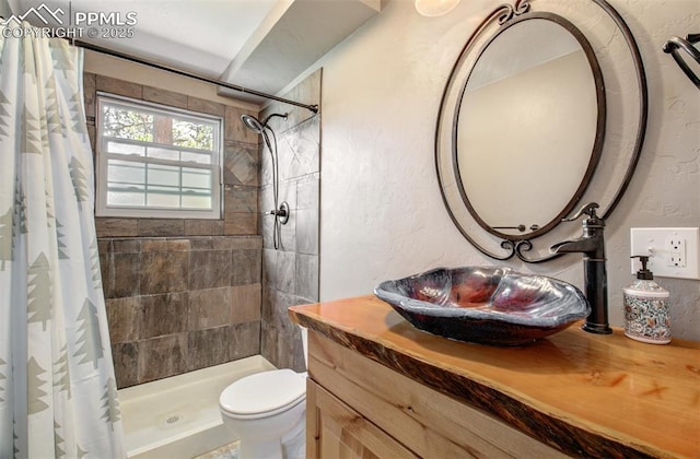 4580 Creek View Rd, Colorado Springs, CO 80908 - full bathroom featuring toilet, vanity, a tile shower, and a textured wall
