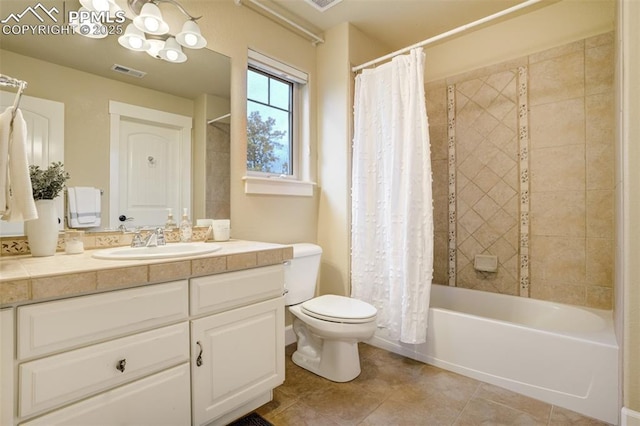5085 Saxton Hollow Rd, Colorado Springs, CO 80908 - full bathroom with vanity, shower / bathtub combination with curtain, and tile patterned flooring