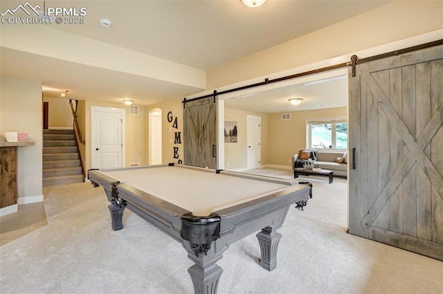 5085 Saxton Hollow Rd, Colorado Springs, CO 80908 - playroom with a barn door, light carpet, and pool table