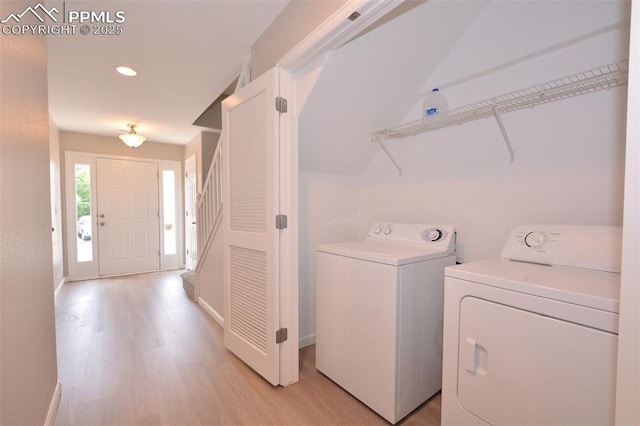 1160 Walters Pt, Monument, CO 80132 - washroom with washing machine and dryer, light wood-style floors, recessed lighting, and baseboards