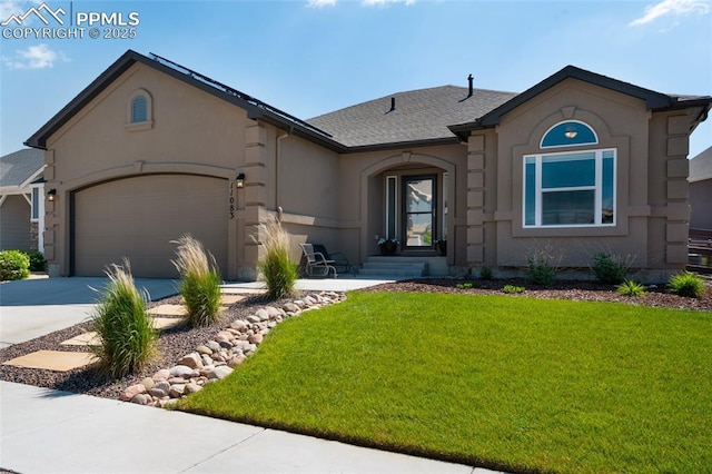 11083 Tranquil Water Dr, Colorado Springs, CO 80908 - view of front of house with stucco siding, a front yard, a garage, and driveway