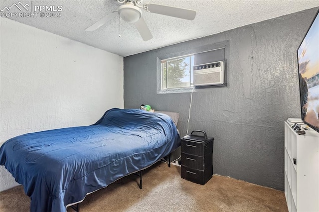 2123 Kodiak Dr, Colorado Springs, CO 80910 - carpeted bedroom with a textured ceiling, a wall unit AC, a textured wall, and a ceiling fan