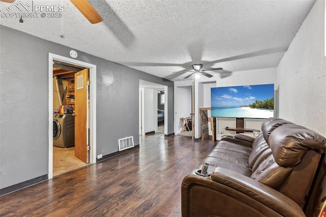 2123 Kodiak Dr, Colorado Springs, CO 80910 - living area featuring washer / clothes dryer, ceiling fan, a textured wall, wood finished floors, and a textured ceiling