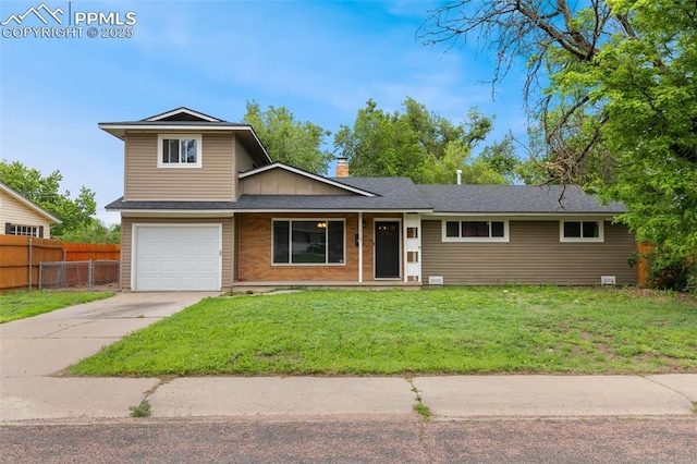 1513 Rosemont Dr, Colorado Springs, CO 80911 - view of front of home featuring concrete driveway, an attached garage, a porch, a chimney, and roof with shingles