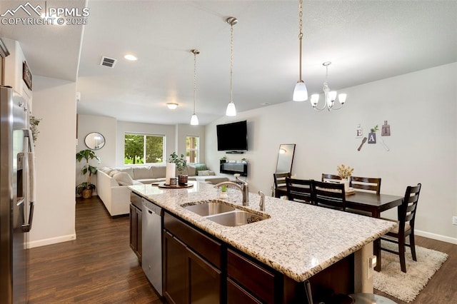 2001 Birmingham Loop, Colorado Springs, CO 80910 - kitchen featuring a sink, appliances with stainless steel finishes, dark wood-style flooring, open floor plan, and a center island with sink