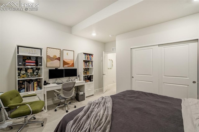 6950 Hidden Cove Ct, Castle Pines, CO 80108 - bedroom with light carpet, a closet, recessed lighting, an office area, and baseboards