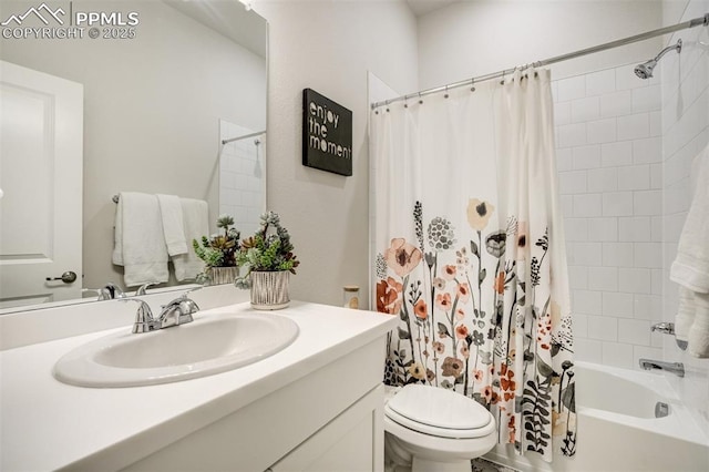 6950 Hidden Cove Ct, Castle Pines, CO 80108 - bathroom featuring vanity, toilet, and shower / bath combination with curtain