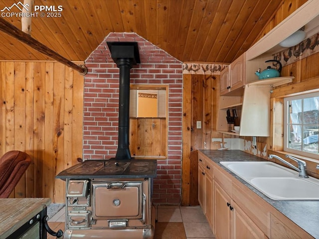 103 Alpine Rd, Woodland Park, CO 80863 - kitchen with wood ceiling, open shelves, lofted ceiling, wood walls, and a wood stove