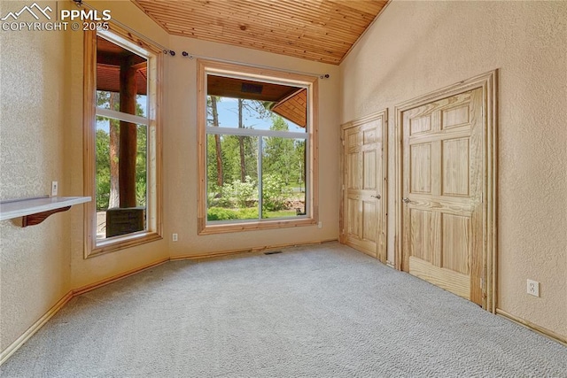 15975 Winding Trail Rd, Colorado Springs, CO 80908 - unfurnished bedroom featuring a textured wall, wood ceiling, carpet, and lofted ceiling