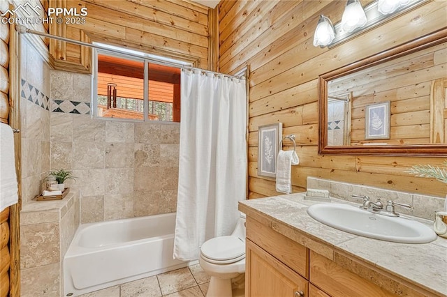 15975 Winding Trail Rd, Colorado Springs, CO 80908 - bathroom with vanity, shower / tub combo with curtain, tile patterned floors, and wood walls