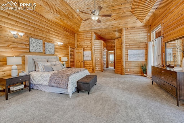 15975 Winding Trail Rd, Colorado Springs, CO 80908 - bedroom featuring wooden ceiling, log walls, a high ceiling, and carpet