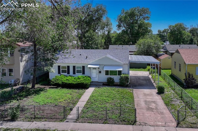 1917 S Institute Ave, Colorado Springs, CO 80905 - view of front of home with concrete driveway, a carport, a shingled roof, and a gate